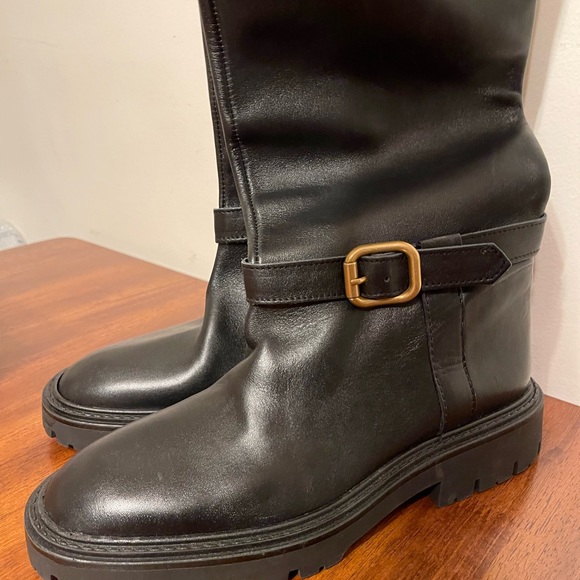 NEW Zara Black Mid Calf Boots REAL Leather 2052/810 riding tall buckle sz 41 10 - Picture 1 of 8